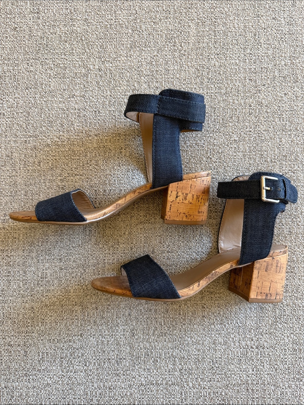 Merona Dark Navy Denim Fabric Ankle-Strap Cork Wedge Sandals
